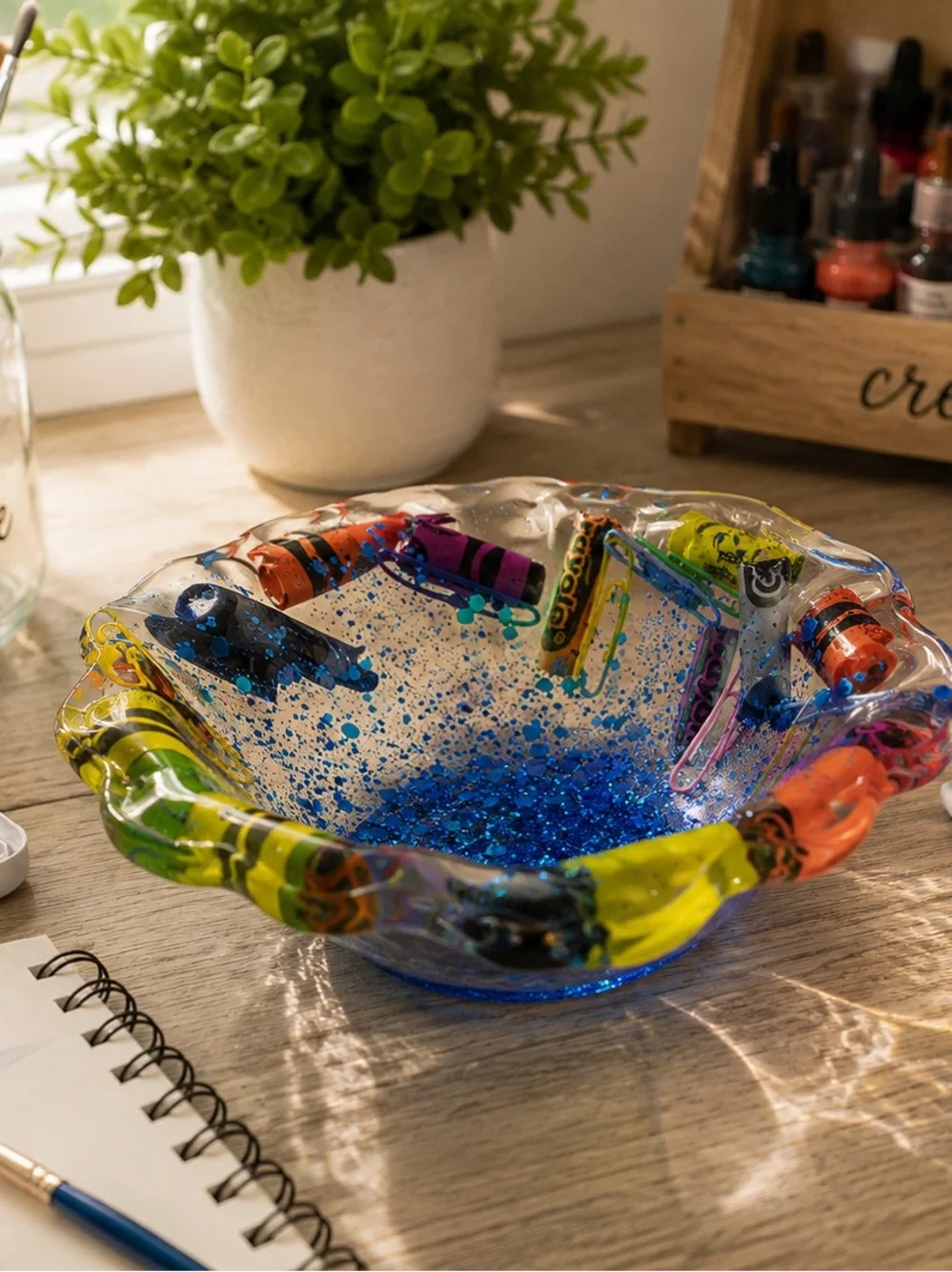 Hand-Blown Multicolor Crayon-Edged  Decorative Bowl - Blue Interior